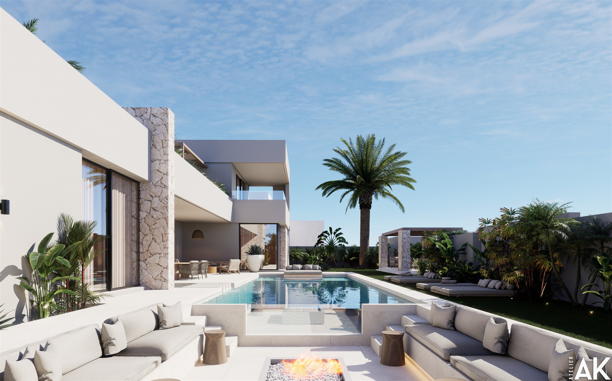 Représentation 3D d’une villa et de ses espaces extérieurs pour UMANI Luxury Residence